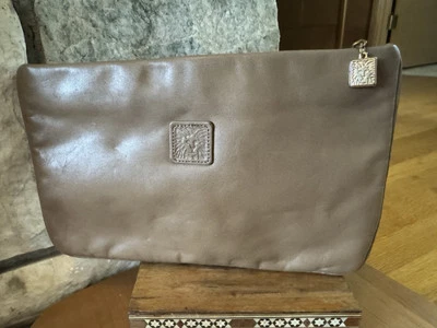 Vintage Leather Clutch Purse Anne Klein For Calderon Lion Small Taupe Pouch — 第 1/4 张图片