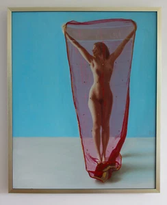 Original gerahmtes Ölgemälde weiblich nacktes Mädchen mit roter Gaze Kunstwerk Frau - Bild 1 von 6