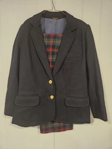 2 Piece 100% Wool Suit Fully Lined Red Plaid Pants Navy Jacket  Petite XSmall  - Picture 1 of 8