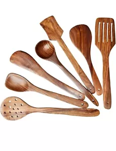 Wooden Serving and Cooking Spoons Set Kitchen Organizer Items-Set Of 7 - Picture 1 of 6