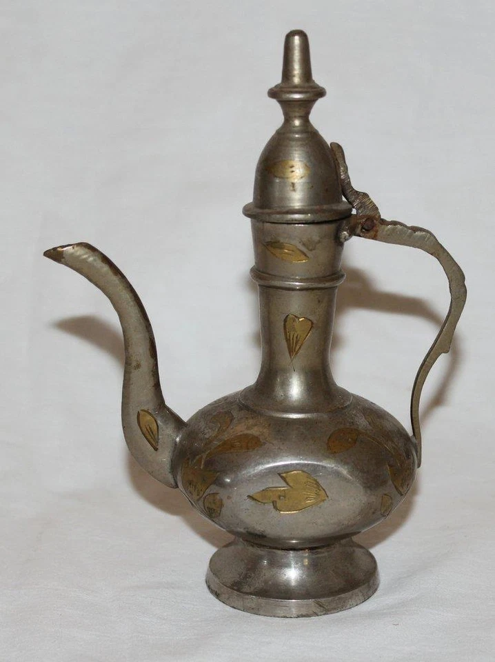 Vintage Etched Brass Ewer Teapot Genie Oil Pitcher Hinged Lid Made in India 6" - Image 1 of 4