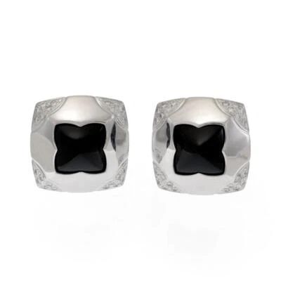 Bvlgari 1.25ct Diamond Onyx 18k White Gold Pyramid Floral Huggie Earrings - Image 1 of 4