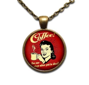 Coffee Lovers Vintage Retro Sign Caffeine - Handmade Glass Pendant Necklace - Picture 1 of 10