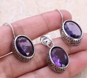 NATURAL PURPLE AMETHYST 925 STERLING SILVER PENDANT EARRINGS SET ANTIQUE FILIGRE - Picture 1 of 3