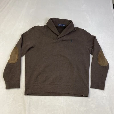 Suéter Polo Ralph Lauren Talla XL Para Hombre Marrón Chal Cuello Botón Codo Parche Poni Foto 1 de 4
