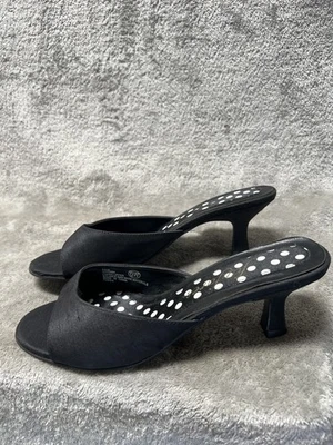 Vtg Y2k Fanfares Woman’s 6 W Black Faux Silk Kitten Heels Slide Sandals Sexy - Image 1 of 4
