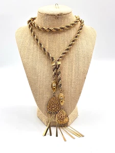 Vintage Grobe Goldfarbene Kette Lariat Fransen Anhänger Halskette Boho Retro 70er - Bild 1 von 5