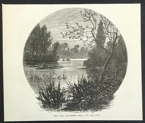 Battersea Park Londres 1878 El lago impresión grabada en madera Historia Lugares - Imagen 1 de 3