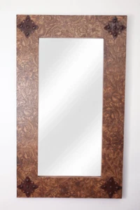 Rustic Ranch Tooled Leather Mirror-Wood-Mexican-20x34-Rustic-Cowboy-Clavos - Picture 1 of 1