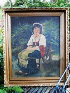 Ritratto giardino dipinto olio campagna francese ragazza boema carriola contadina - Foto 1 di 1