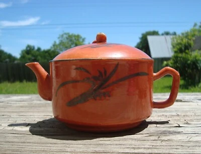 Antique Chinese Porcelain Tea Pot Gilded Orchid on Coral Ground Late 19th C. - Image 1 of 4