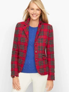 Talbots Holiday Wool Plaid Red Button Down Lined Blazer Jacket Size 2P - Picture 1 of 21