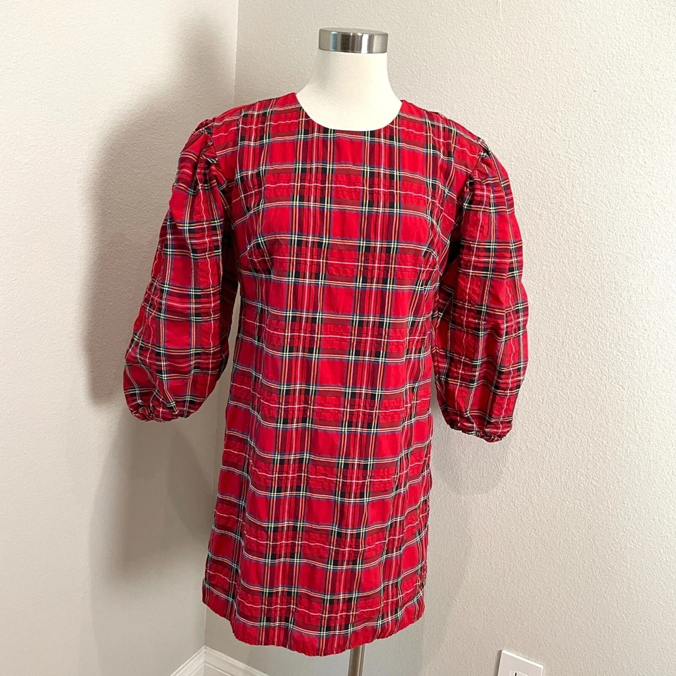 Mini vestido recto J Crew para mujer XS rojo manga abullonada en buenas nuevas a cuadros Foto 1 de 4