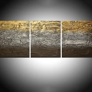 Triptychon Gold Metallic Malerei neutrales Dekor Wandkunst - Bild 1 von 3