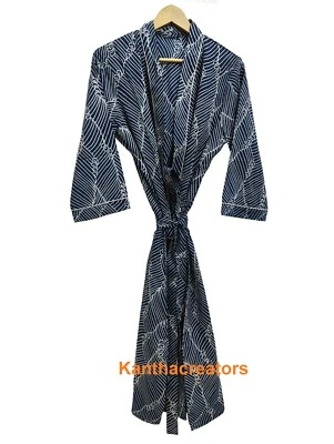 New Blue Indigo Kimono 100%Cotton Bathrobe Summer Nightwear Gown Women Beachwear - Image 1 of 4