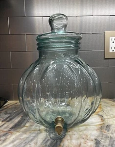 Vtg 70's 2 Gallon Green Glass Beverage Dispenser Jug Brass Spigot ITALY - Picture 1 of 6