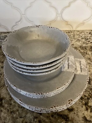 Tommy Bahama Rústico Gris Craquelado Cena Postre y Ensalada Nuevo 12 Piezas Foto 1 de 4