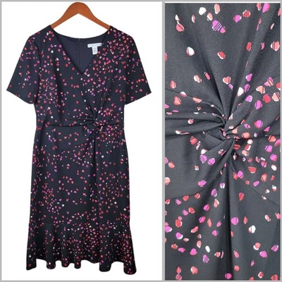 Vestido London Times 12 Petite Fiesta Elástico Nudo Acanalado Cintura Negro Púrpura Midi Foto 1 de 4