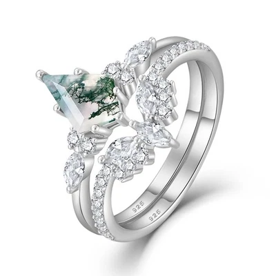 Женское обручальное кольцо из серебра 925 пробы с мхом и агатом для обещаний обручальное кольцо с драгоценным камнем... - Изображение 1 из 4