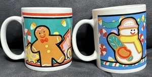 Vintage Artmark Holiday Christmas Mugs Pair Gingerbread Man Snowman Ceramic Cups - Picture 1 of 6