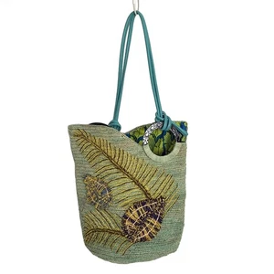 Autentica JAMIN PUECH - Borsa a tracolla in pelle multi rafia blu verde giallo - Foto 1 di 8