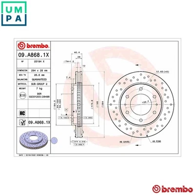 2x BRAKE DISC 09.A868.1X FOR MITSUBISHI PAJERO/SPORT/II L200/TRITON FIAT 3.2L - Image 1 of 4