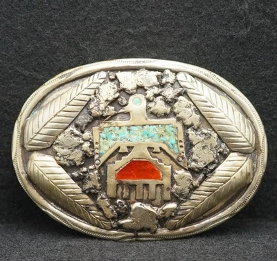WF07170 HEBILLA DE CINTURÓN DE MODA VINTAGE AÑOS 70 **PÁJARO AZTECA** OBRAS DE ARTE DE PIEDRA Y PLATA Foto 1 de 2