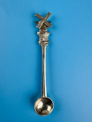 "Cuchara de sal giratoria vintage Holanda plateada 2,75"" acabado de molino de viento marcado 90" Foto 1 de 4