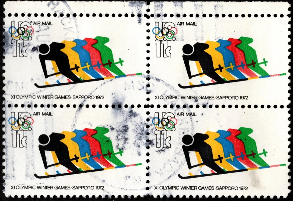 US - 1972 - 11 Cents Winter Olympics Downhill Skiing Airmail Block #C85 F-VF - Image 1 of 1