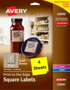 [4 Hojas] Etiquetas Cuadradas Avery 22846 Inyección de Tinta 2"x2" Marrón Kraft - 48 Etiquetas - Imagen 1 de 1