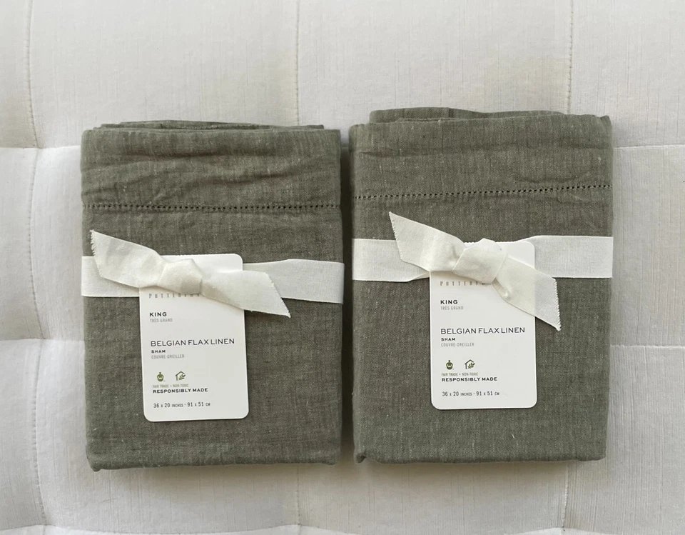 Pottery Barn БЕЛЬГИЙСКОЕ ЛЬНЯНОЕ БЕЛЬЕ King Shams ~набор из двух ~ Loden новый с Ярлыками - Изображение 1 из 1
