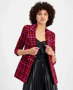 Avec Les Filles Houndstooth Tweed Blazer Women's M Red Multi Plaid Long Sleeve - Picture 1 of 20