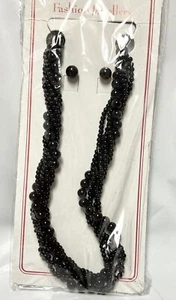 Black Beaded Necklace & Matching Earrings 5 Strand New 18-20” - Picture 1 of 9