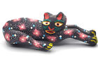 Handpainted Kitten Cat Feline Figurine Mexico Folk Art Wood Carving Black Pink