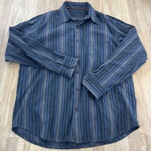 Tommy Bahama Mens Shirt Large Gray Blue Silk Blend Stripe Button Up