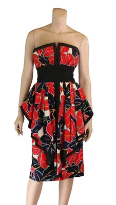 Victor Costa Vintage 80s Black & Red Print Peplum Party Prom Dress sz 8 - Image 1 of 3