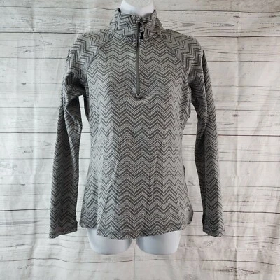 Pullover Eddie Bauer para mujer 1/4 cremallera talla mediana gris rayas chevron agujeros para los pulgares Foto 1 de 4