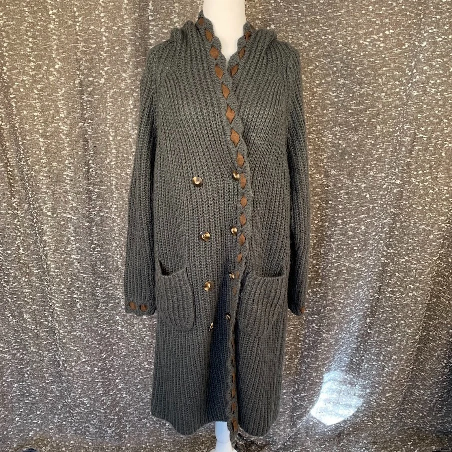 POL 灰色粗针织开衫毛衣掸子连帽舒适波西米亚女式大号 — 第 1/4 张图片