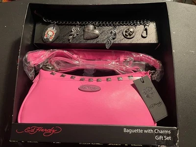 Ed Hardy Baguette Pink Shoulder Crossbody Bag Gift Set With Charms New In Box - Image 1 of 4
