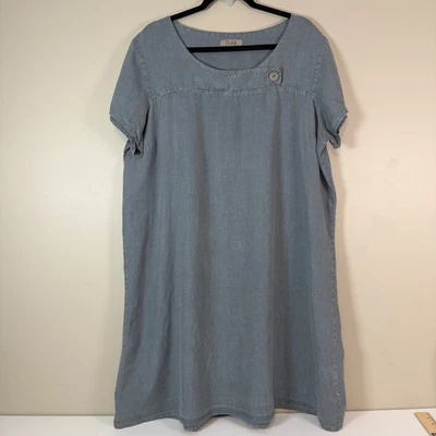 Vestido túnica de lino azul/gris LG para mujer FLAX acento con botones Lagenlook Minamalista Foto 1 de 4