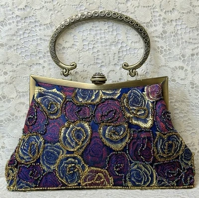 Bolso Bandolera Vintage Rosas Con Cuentas Boda Noche Fiesta Asa Superior Foto 1 de 4