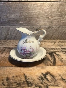 Brocca e lavabo vintage porcellana lilla bordo oro madre crema 8# - Foto 1 di 10