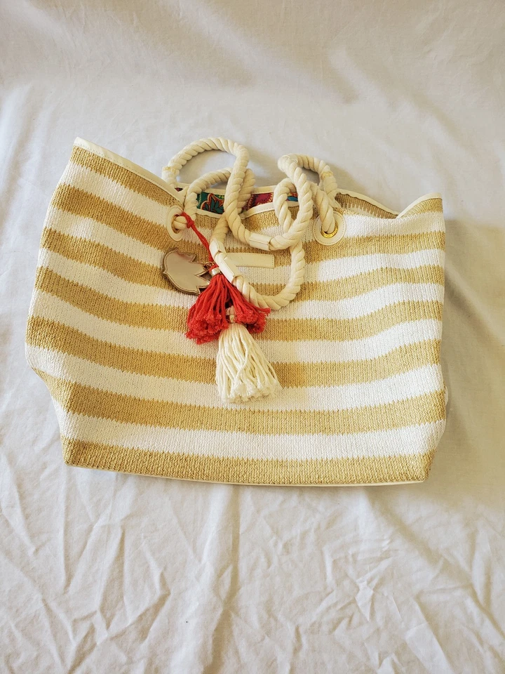Bolso de Mano Vera Bradley Mujer Blanco Tostado Rayas Trenzado Paja Borlas Playa Foto 1 de 3
