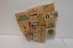 BIRTHDAY THEMED ASSORTED WOODEN STAMPS SET OF 14 NEW - Picture 1 of 2