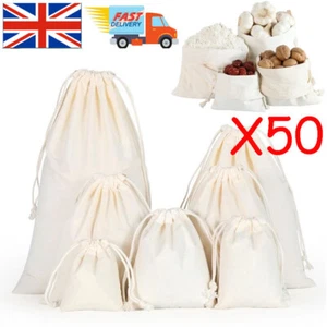 50x Calico Drawstring Storage Bags Natural Cotton Bulk Linen Tote Food gift Bag - Picture 1 of 10