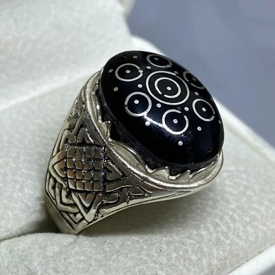 925 Sterling Silver Men's Ring arabian black coral stone silver nails  خاتم يسر - Image 1 of 4