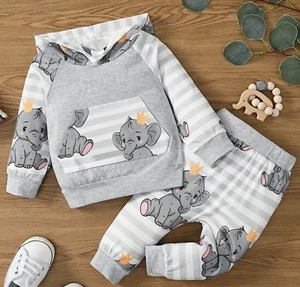 9-12 mo. Toddler Baby Outfit 95% cotton 5% spandex Sweatpants & Hoodie Elephants - Picture 1 of 4