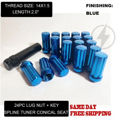 FIT FORD EXPEDITION F150 2015-19 SPLINE TUNER LUG NUT 2’’ 14x1.5 BLUE 24PC+KEY - Image 1 of 4
