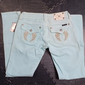 Miss Me Jeans 29 Icy Blue Skinny Style JP5082540 NWT Angel Wings Studded - Picture 1 of 10