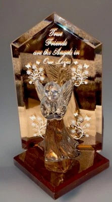 Dacra Inc. Glass Crystal Angel & Rose Glass “Friends” Mirror w/ Wood Stand 7”X4” Foto 1 de 4